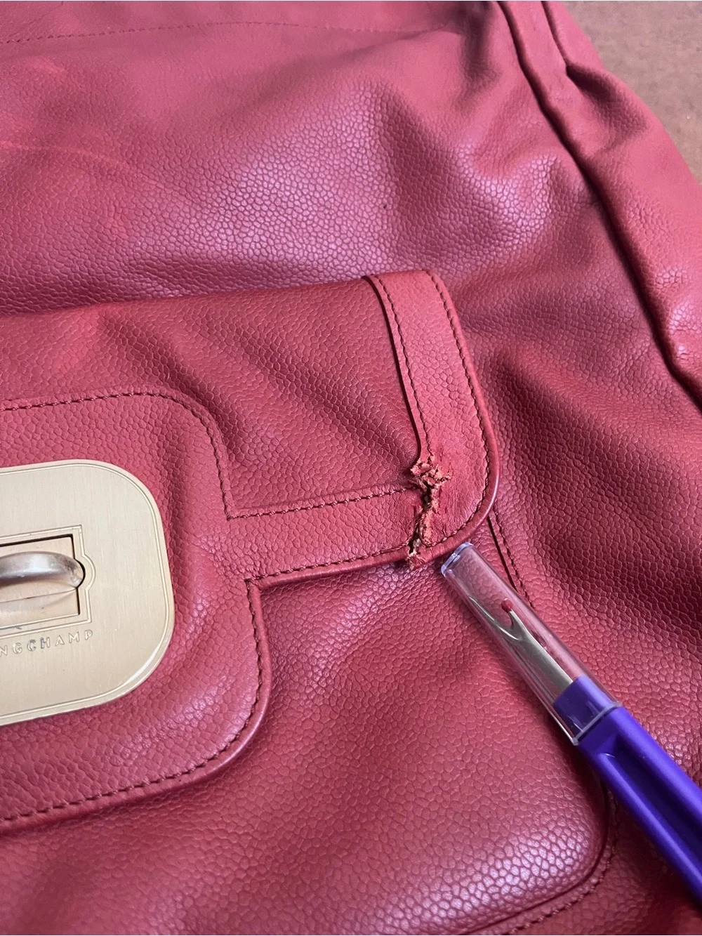Longchamp Gatsby Coral Red Leather Shoulder Bag with Gold Hardware